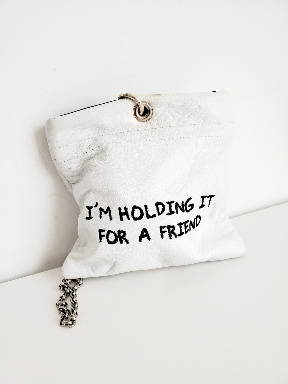 Mary Rich Limited Edition White Leather Mini Crossbody with Silver Chain
